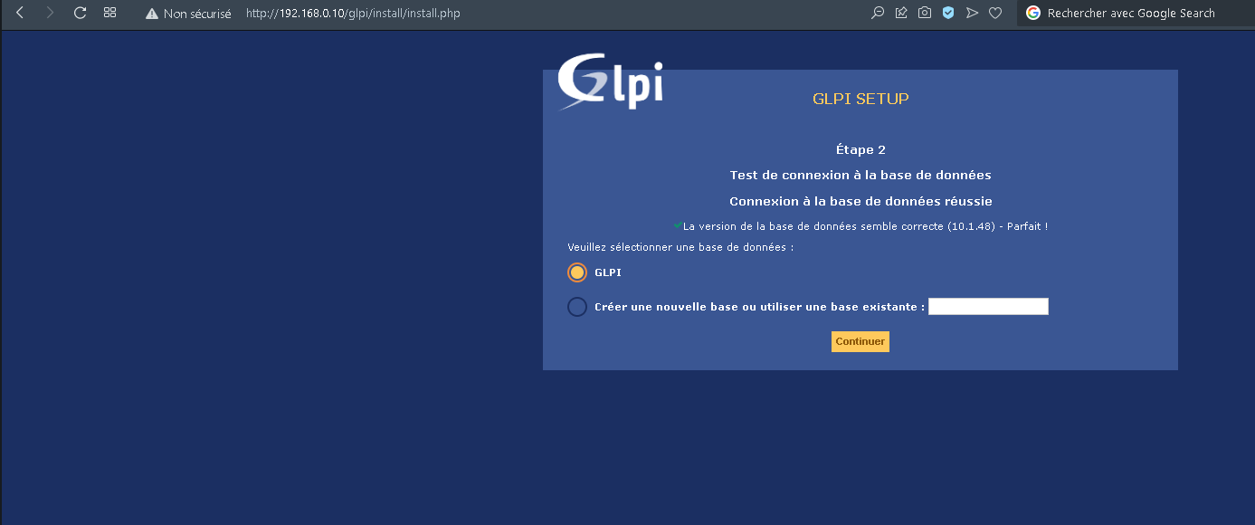 12 - Choix de la BDD dans glpi