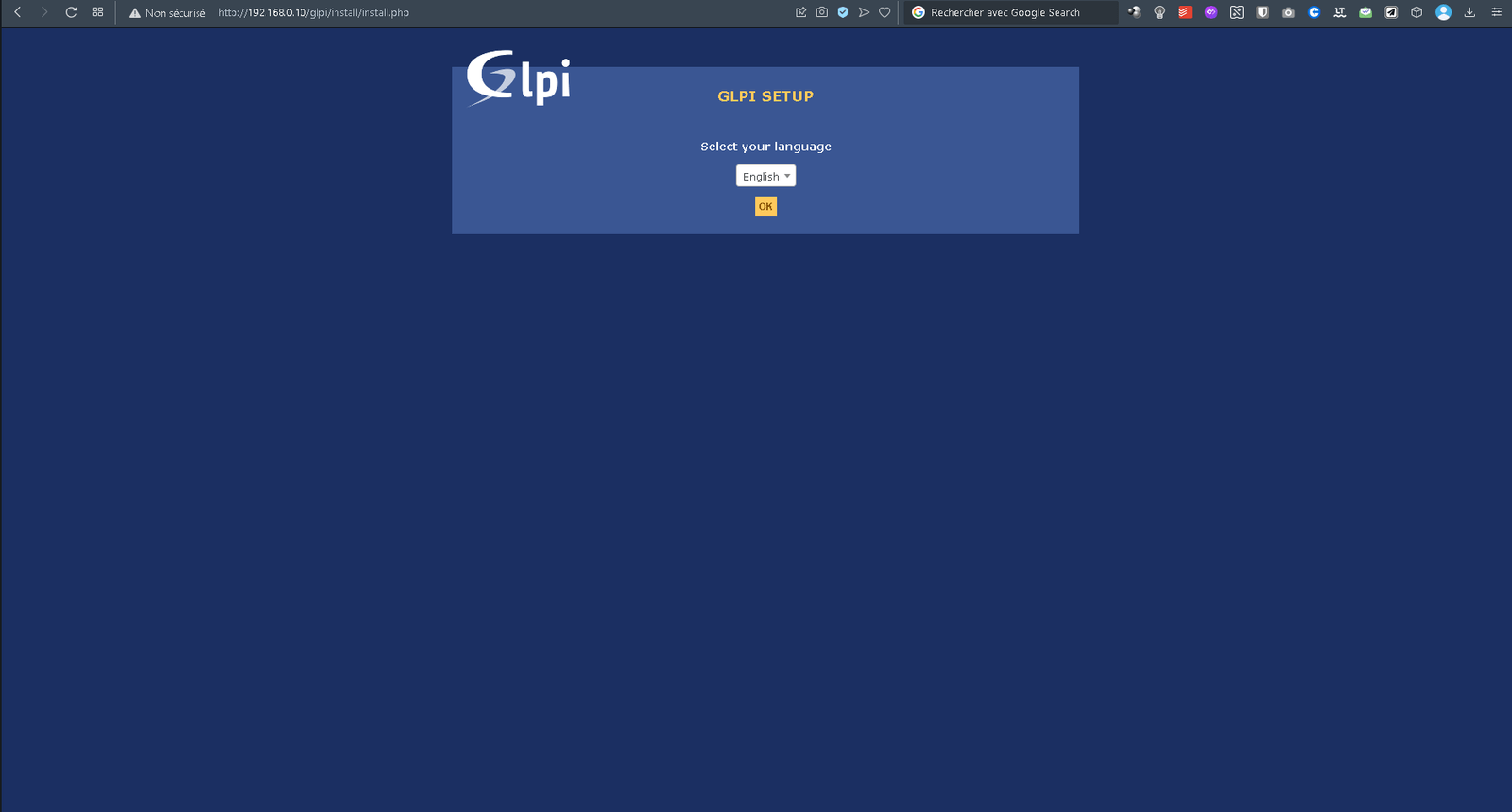 8 - Accès à glpi avec l'ip de la machine suivi de (slash)glpi