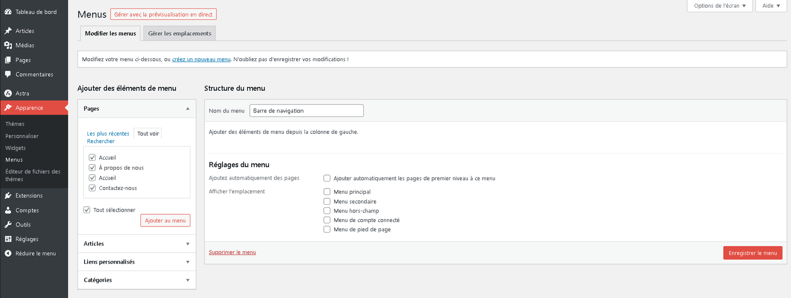 Ajout des pages au menu