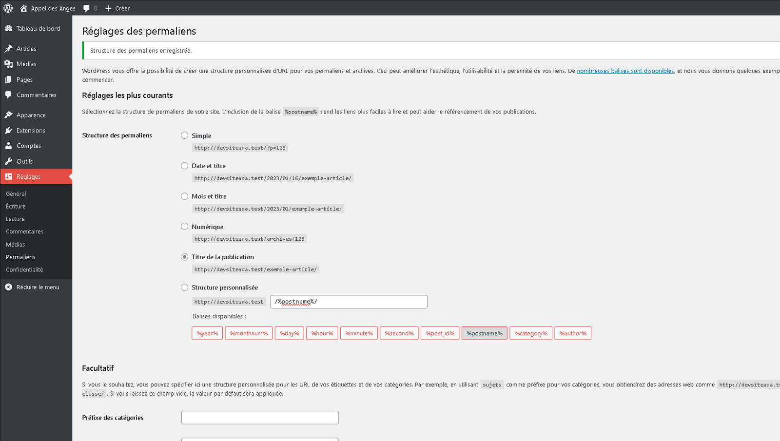 Changements de la structure des permaliens