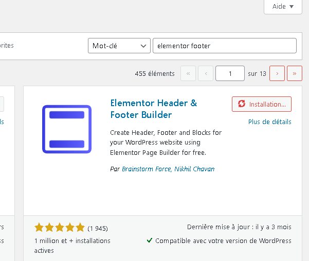 Installation d'Elementor footer and header build