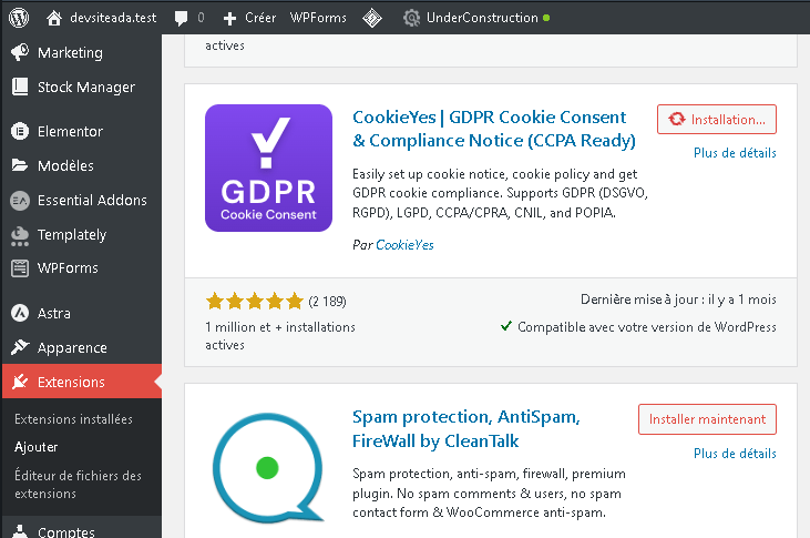 Installation d'un outil de gestion des cookies