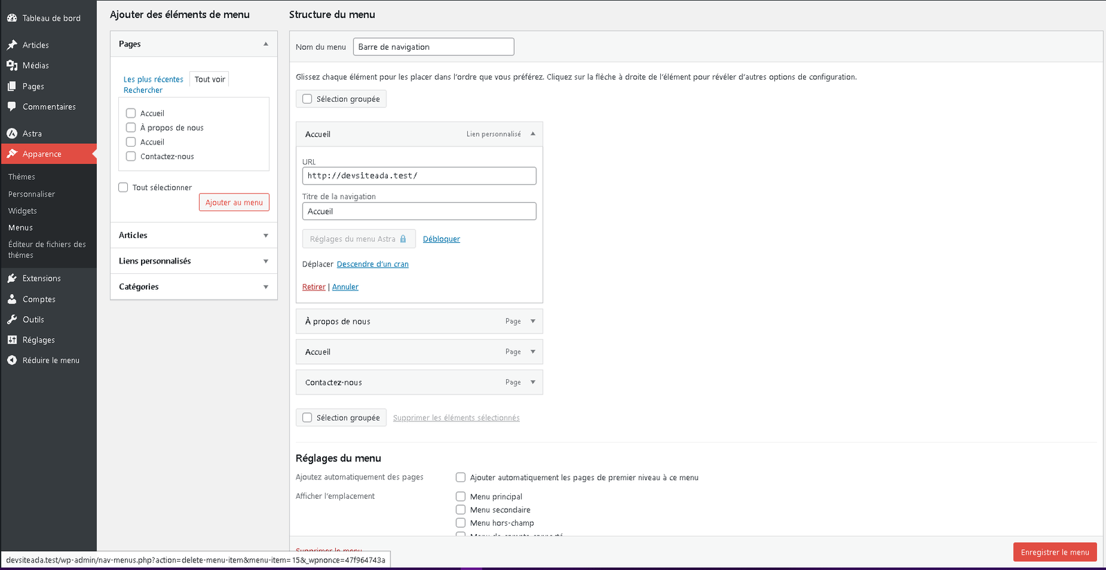 Supression du lien personnalisé par défaut Accueil